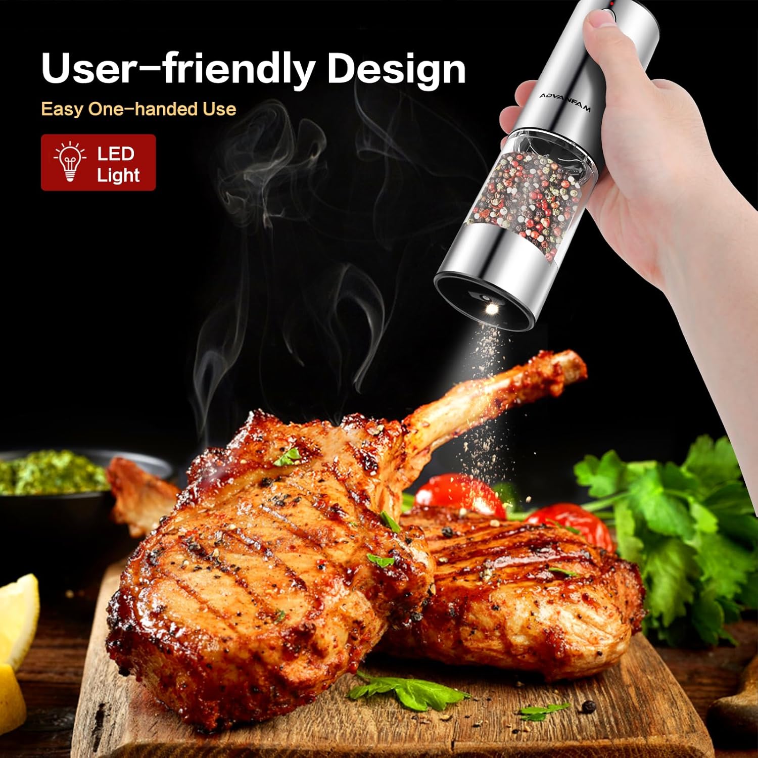 Upgraded Larger Capacity Electric Salt Pepper Grinder Stainless Steel Pepper Grinder with LED Light, Rechargeable Automatic Salt or Pepper Mill Features Adjustable Coarseness